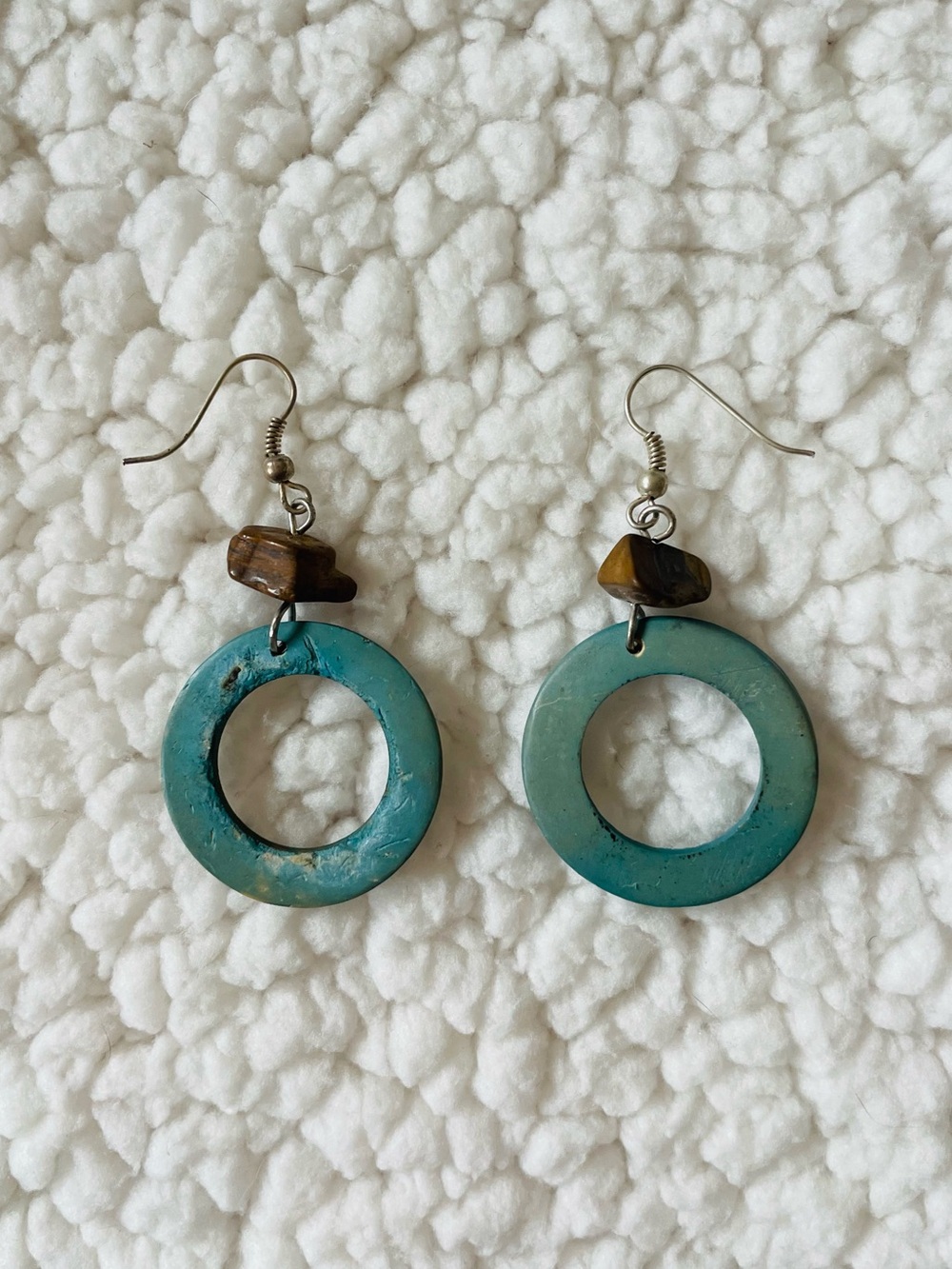 Turquoise Hoop Drop Earrings with Brown Stone Accent